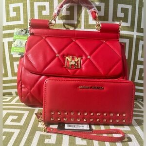 NWT! SOLD! Badgley Mischka Diamond Quilted Studded Red Crossbody & Wristlet
